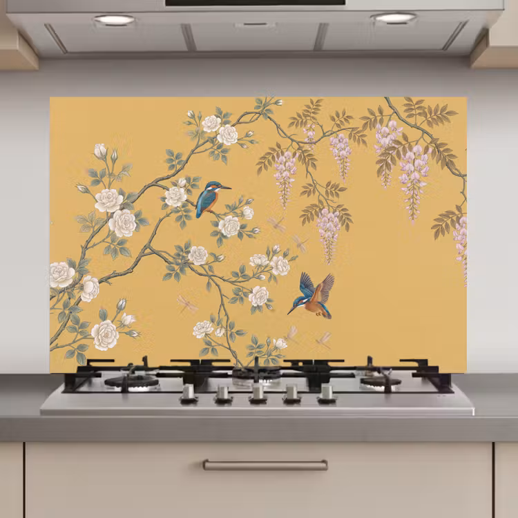Spatscherm keuken - IJsvogels - Bloesem - Geel — 1