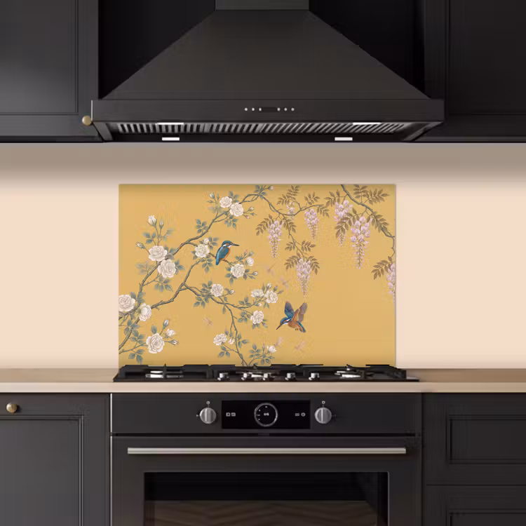 Spatscherm keuken - IJsvogels - Bloesem - Geel — 2