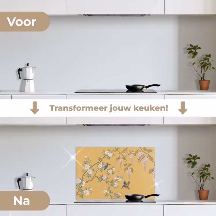 Spatscherm keuken - IJsvogels - Bloesem - Geel — 3