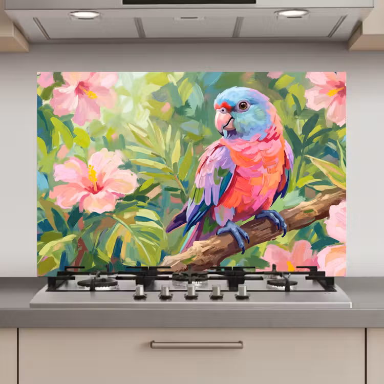 Spatscherm keuken - Papagaai - Hibiscusbloemen - Kleurrijk — 1