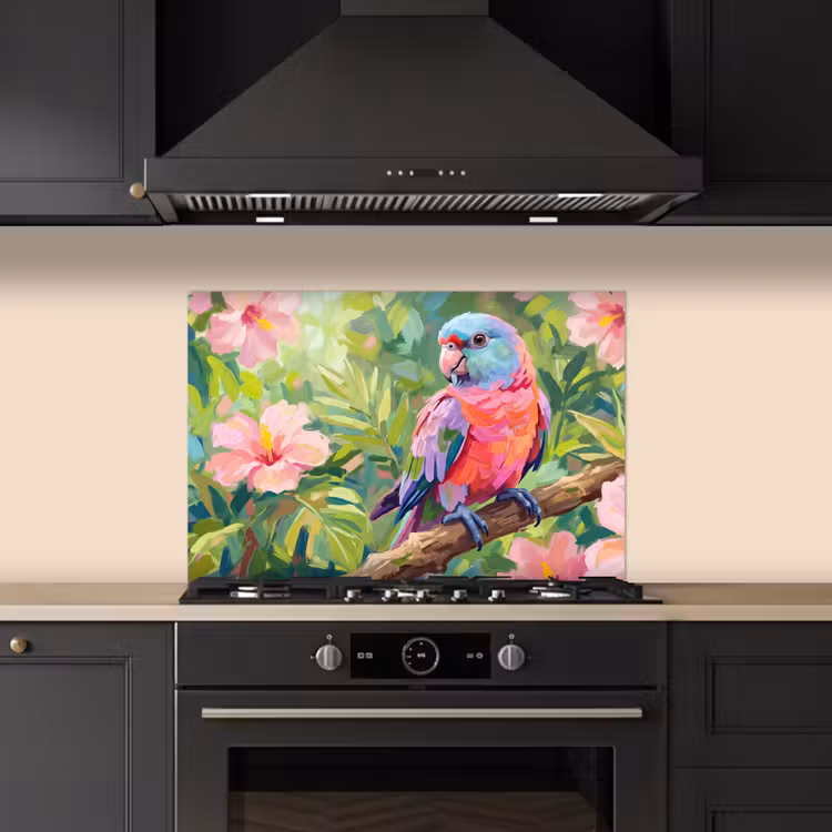 Spatscherm keuken - Papagaai - Hibiscusbloemen - Kleurrijk — 2