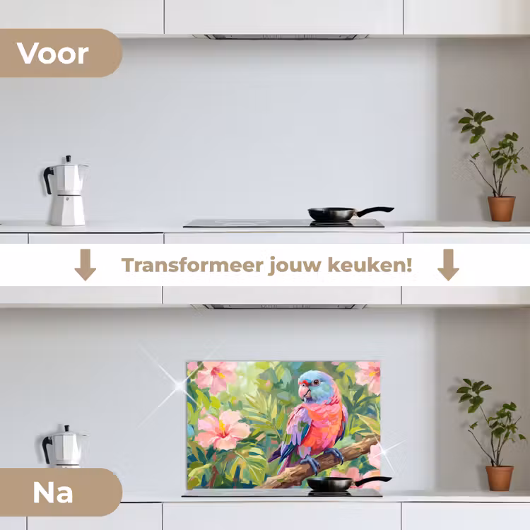 Spatscherm keuken - Papagaai - Hibiscusbloemen - Kleurrijk — 3