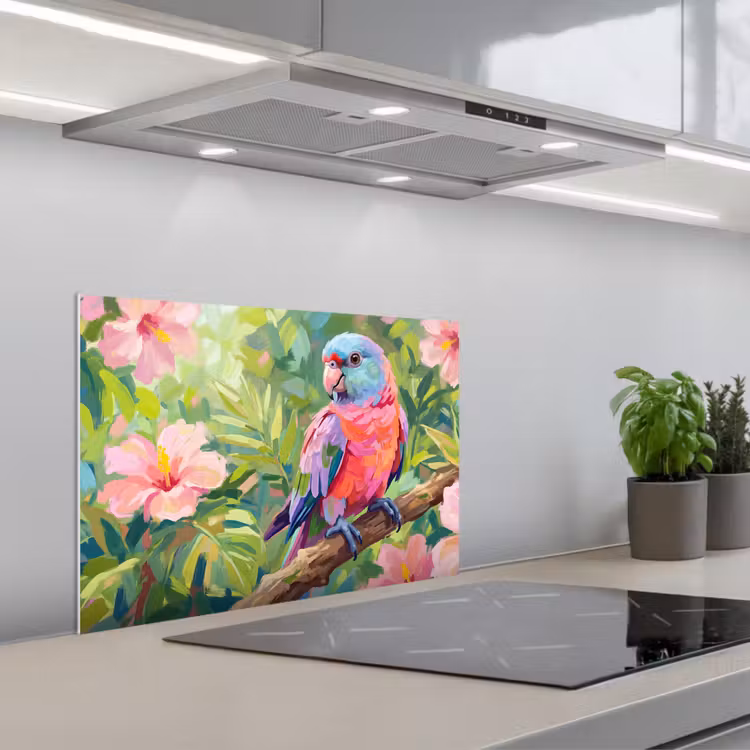Spatscherm keuken - Papagaai - Hibiscusbloemen - Kleurrijk — 5