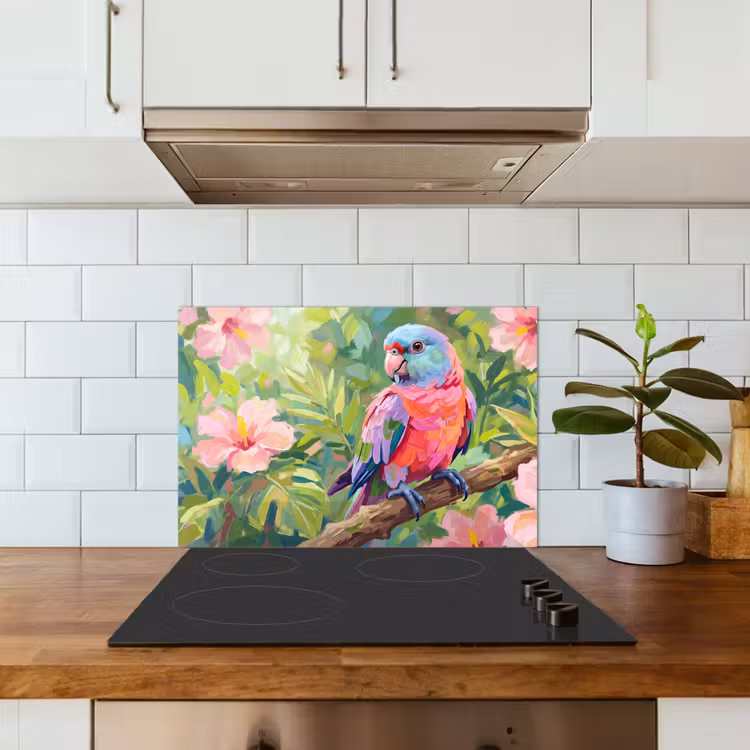 Spatscherm keuken - Papagaai - Hibiscusbloemen - Kleurrijk — 6