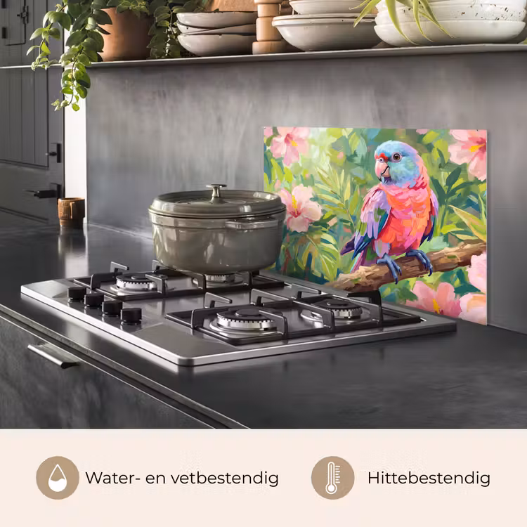 Spatscherm keuken - Papagaai - Hibiscusbloemen - Kleurrijk — 7