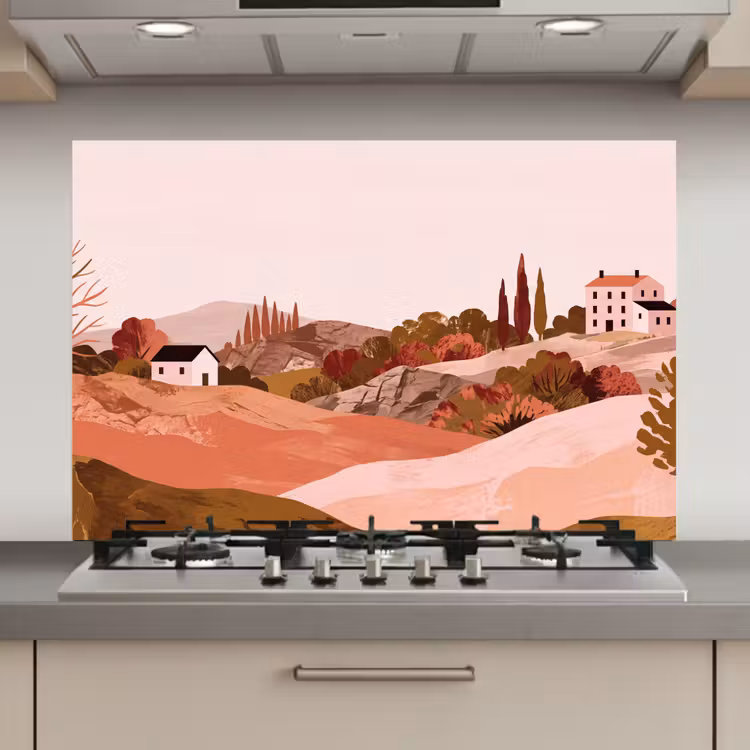 Spatscherm keuken - Heuvellandschap - Grafisch - Terracotta — 1