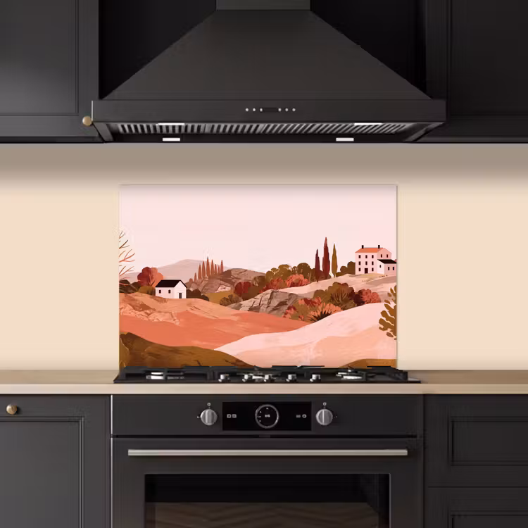 Spatscherm keuken - Heuvellandschap - Grafisch - Terracotta — 2