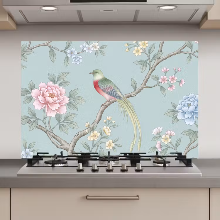 Spatscherm keuken - Vogel - Bloemen - Kleurrijk — 1