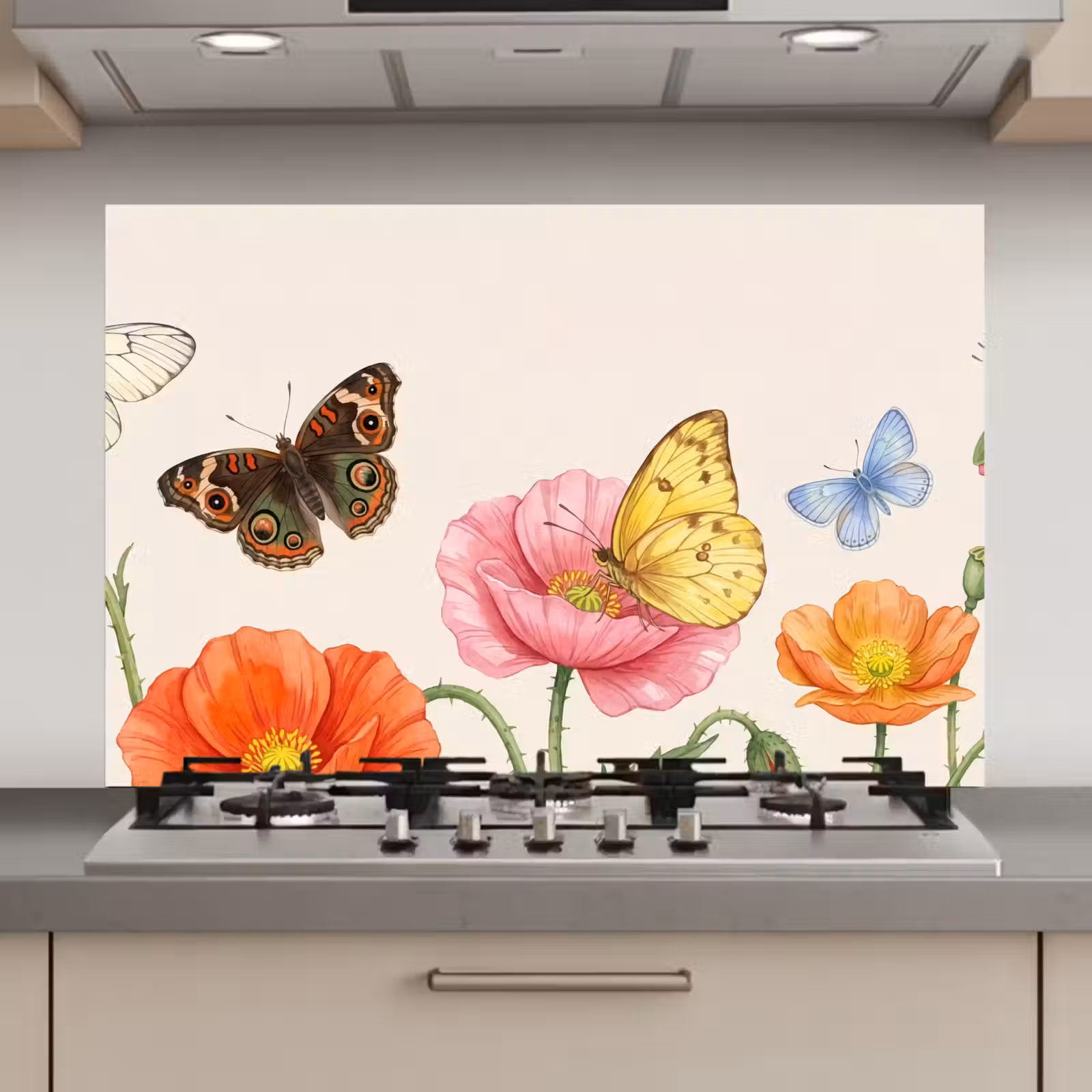 Spatscherm keuken - Vlinders - Klaprozen - Illustratie - Kleurrijk — 1