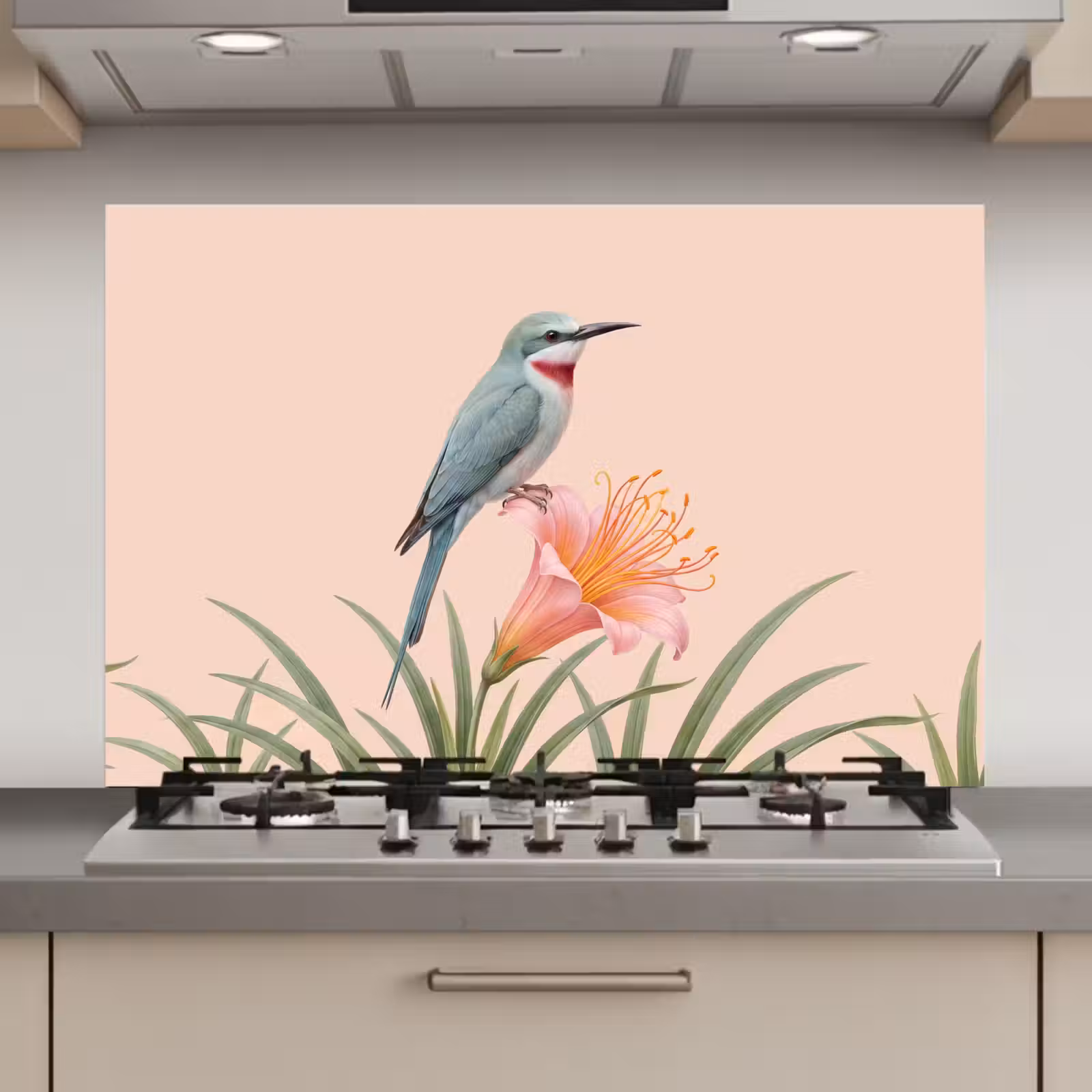 Spatscherm keuken - Vogel - Bloem - Natuur - Roze — 1