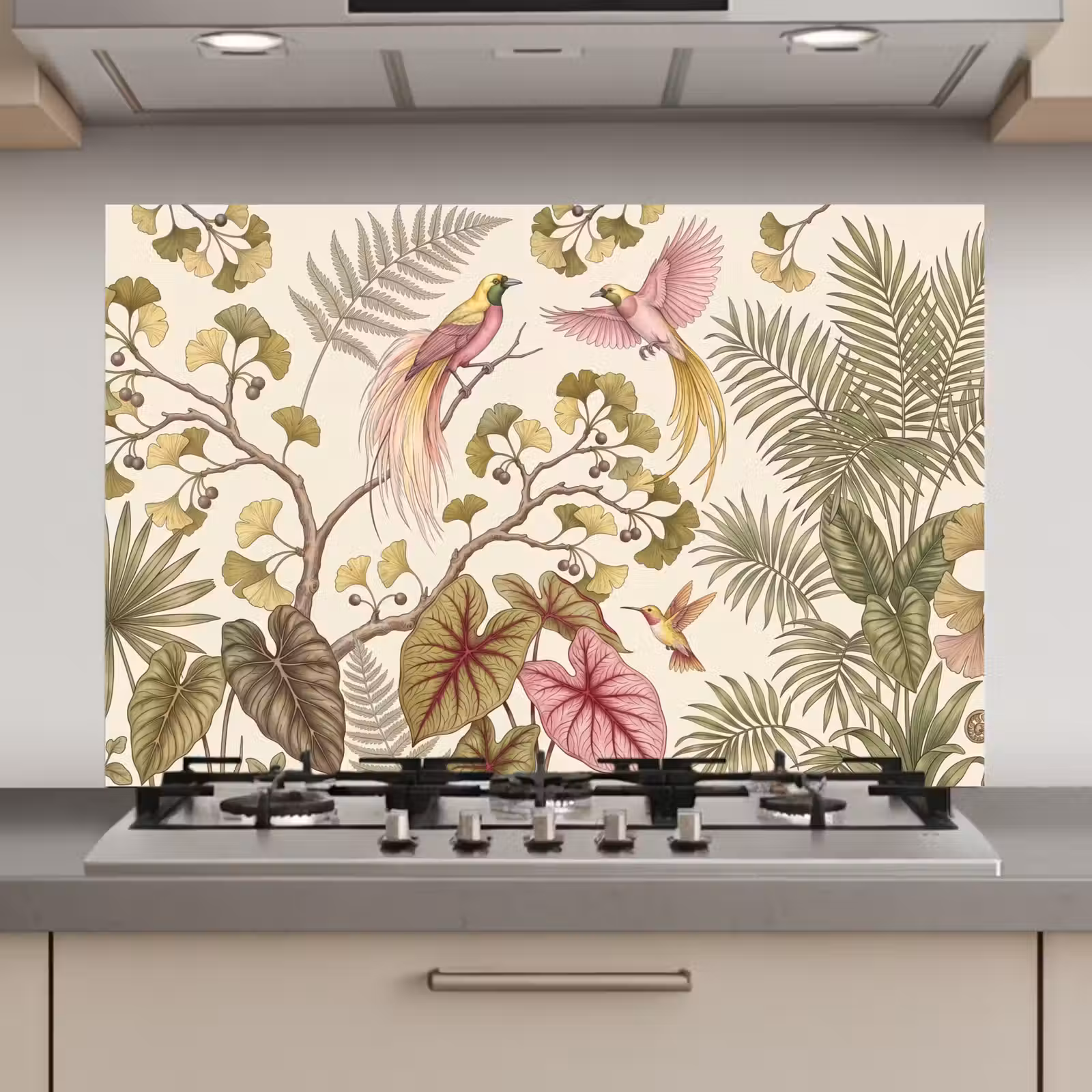 Spatscherm keuken - Vogels - Tropisch - Botanisch - Roze — 1