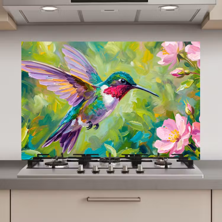 Spatscherm keuken - Kolibrie - Bloemen - Natuur - Kleurrijk — 1