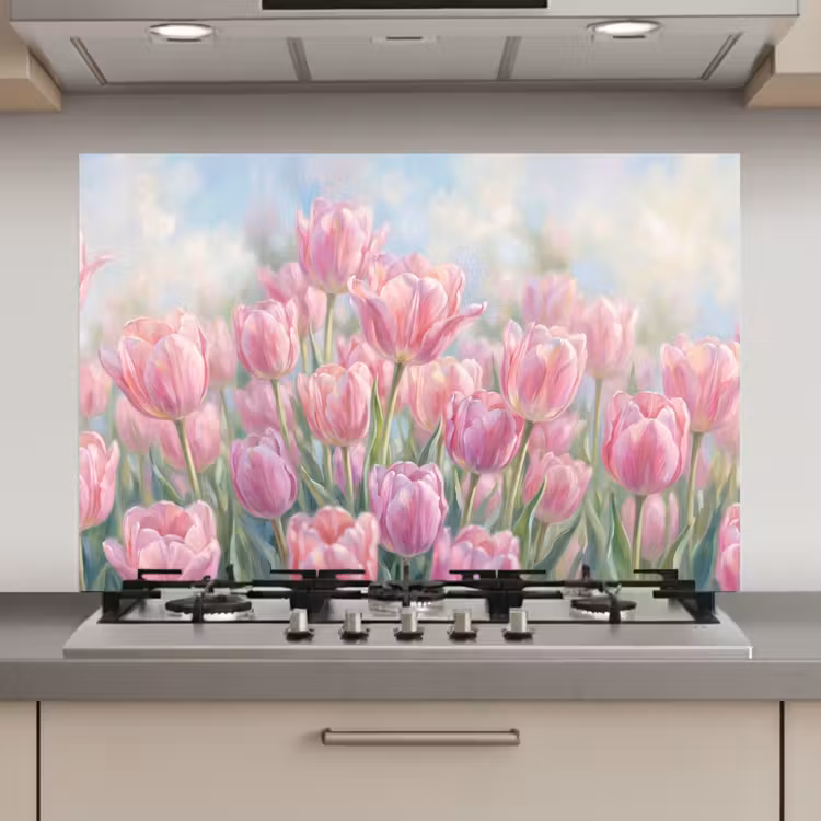 Spatscherm keuken - Tulpen - Veld - Lente - Roze — 1