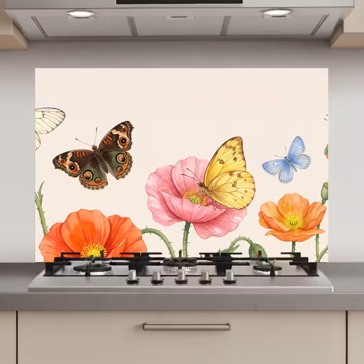 Spatscherm keuken - Vlinders - Klaprozen - Illustratie - Kleurrijk — 1