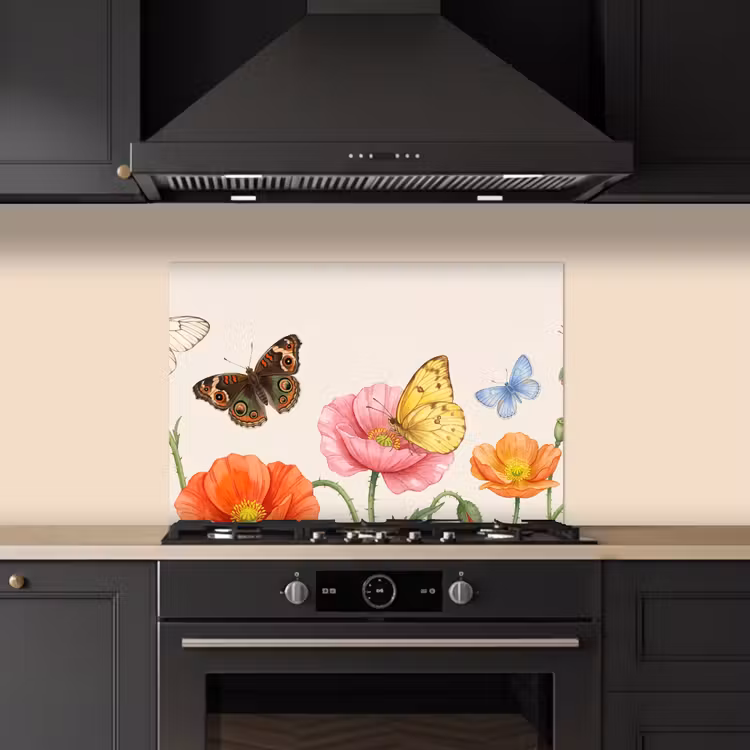 Spatscherm keuken - Vlinders - Klaprozen - Illustratie - Kleurrijk — 2