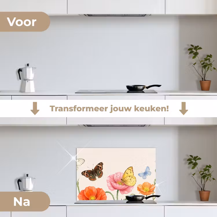Spatscherm keuken - Vlinders - Klaprozen - Illustratie - Kleurrijk — 3