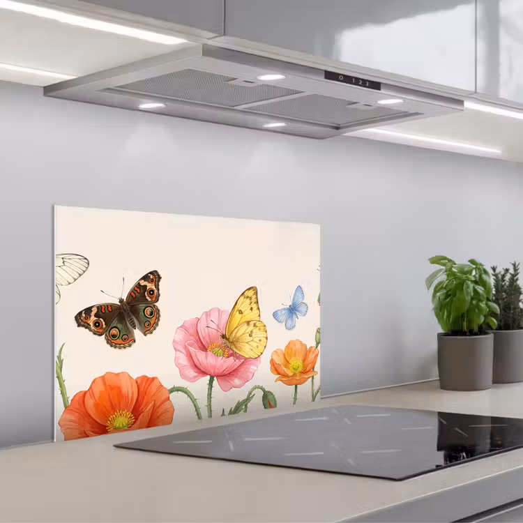 Spatscherm keuken - Vlinders - Klaprozen - Illustratie - Kleurrijk — 5