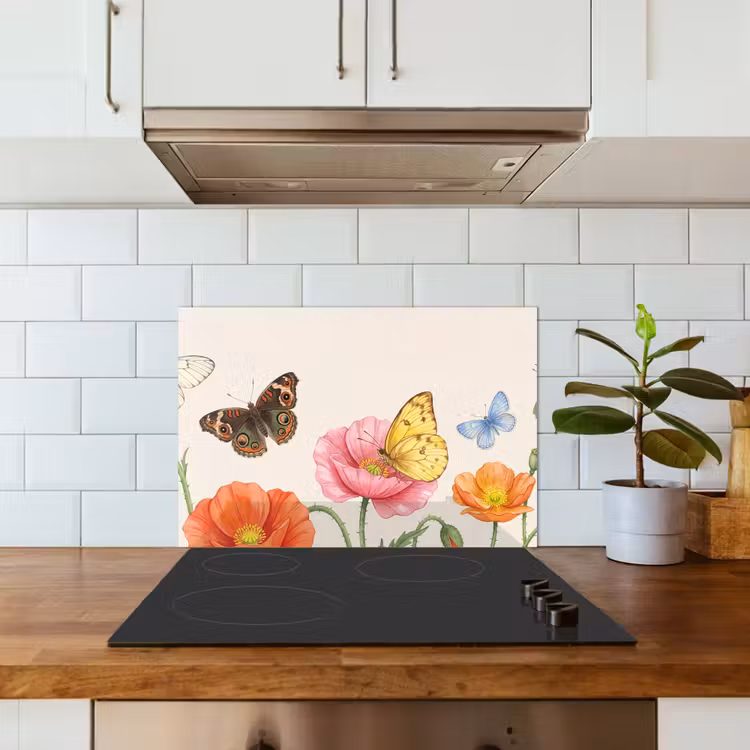 Spatscherm keuken - Vlinders - Klaprozen - Illustratie - Kleurrijk — 6