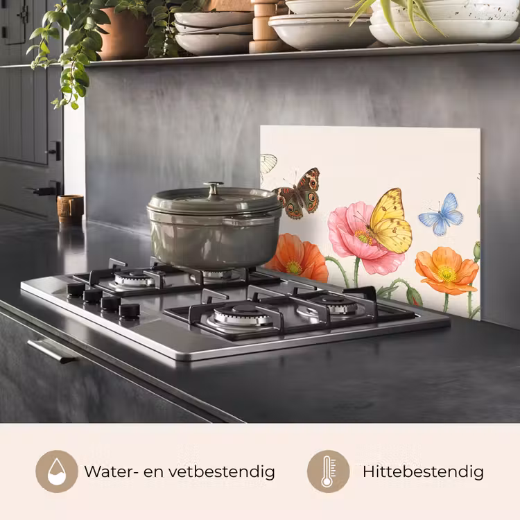 Spatscherm keuken - Vlinders - Klaprozen - Illustratie - Kleurrijk — 7