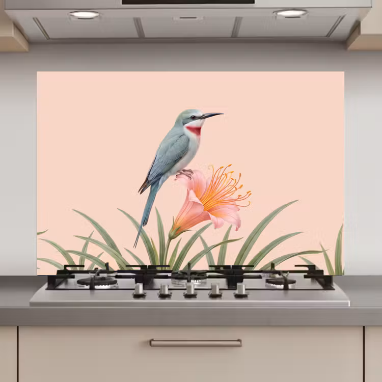 Spatscherm keuken - Vogel - Bloem - Natuur - Roze — 1