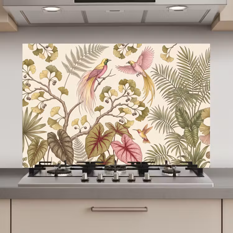 Spatscherm keuken - Vogels - Tropisch - Botanisch - Roze — 1