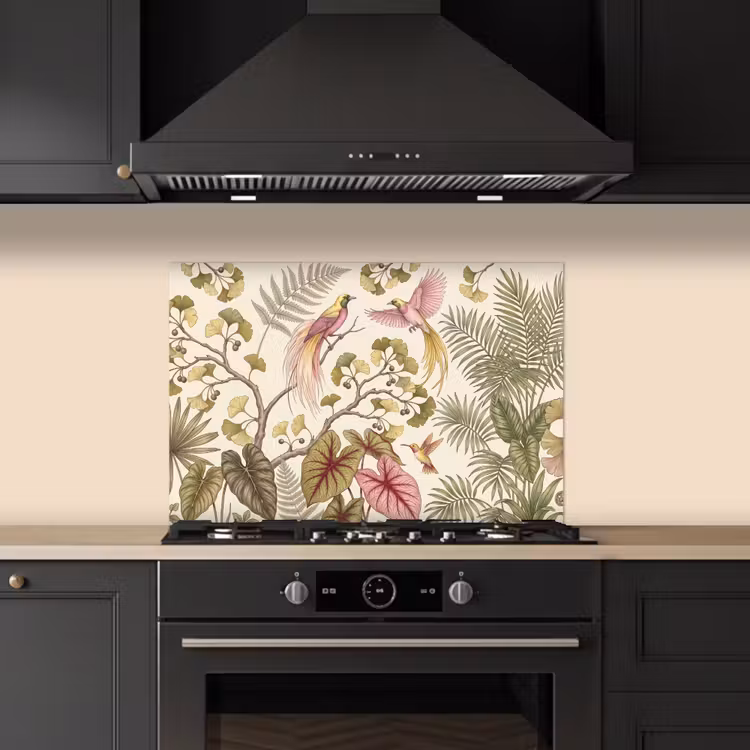Spatscherm keuken - Vogels - Tropisch - Botanisch - Roze — 2