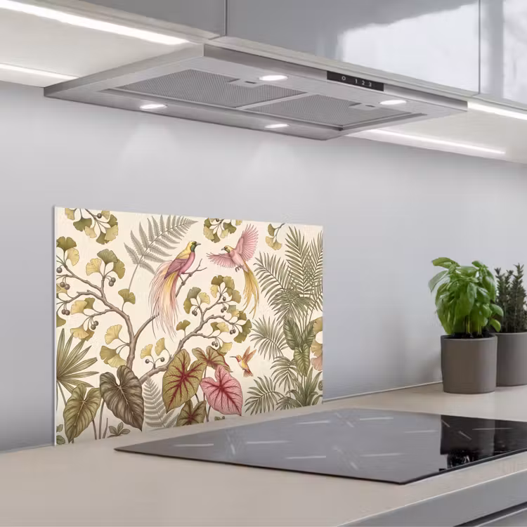 Spatscherm keuken - Vogels - Tropisch - Botanisch - Roze — 5