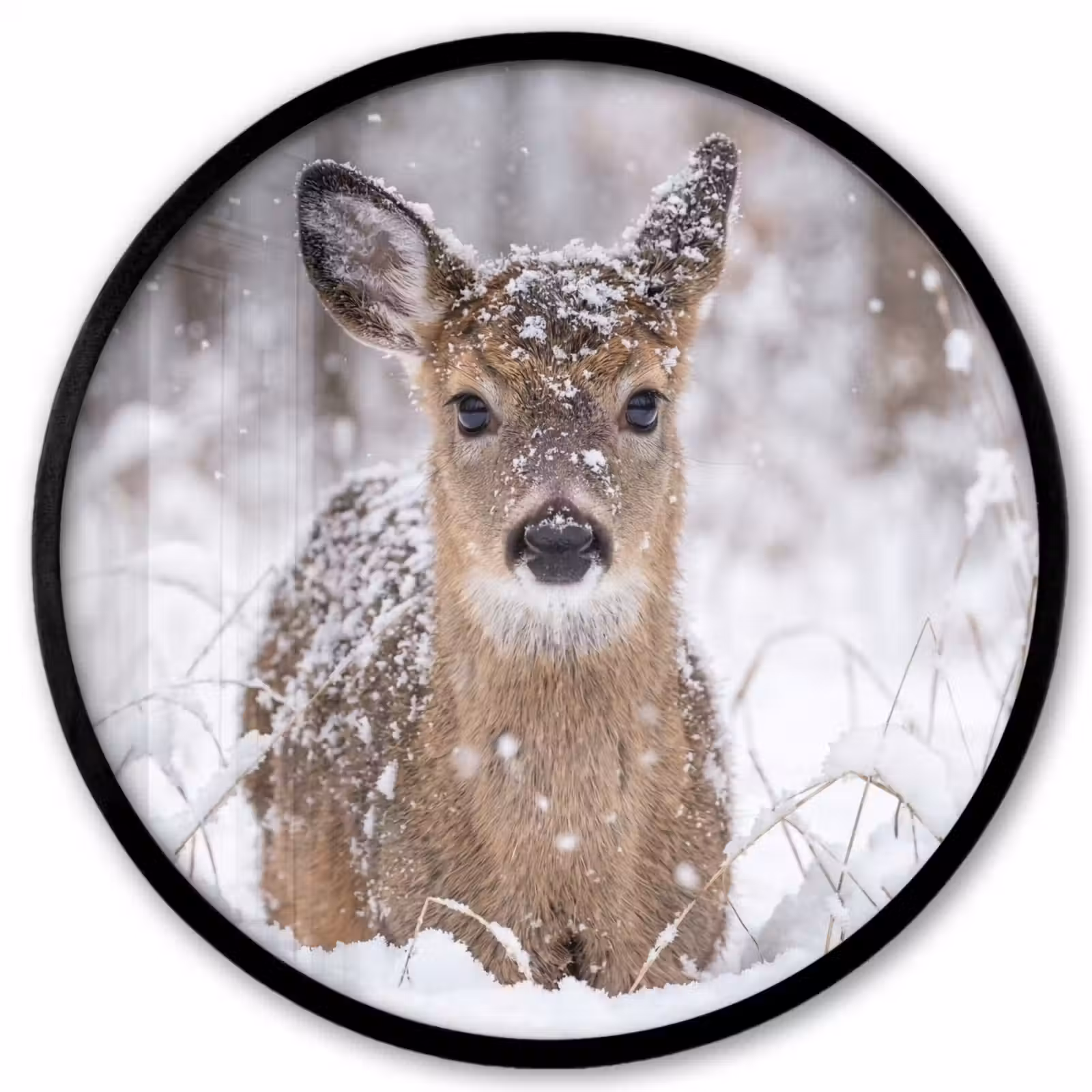 Ronde fotolijst - Hert - Sneeuw - Bos - Dieren - Vertederend — 1