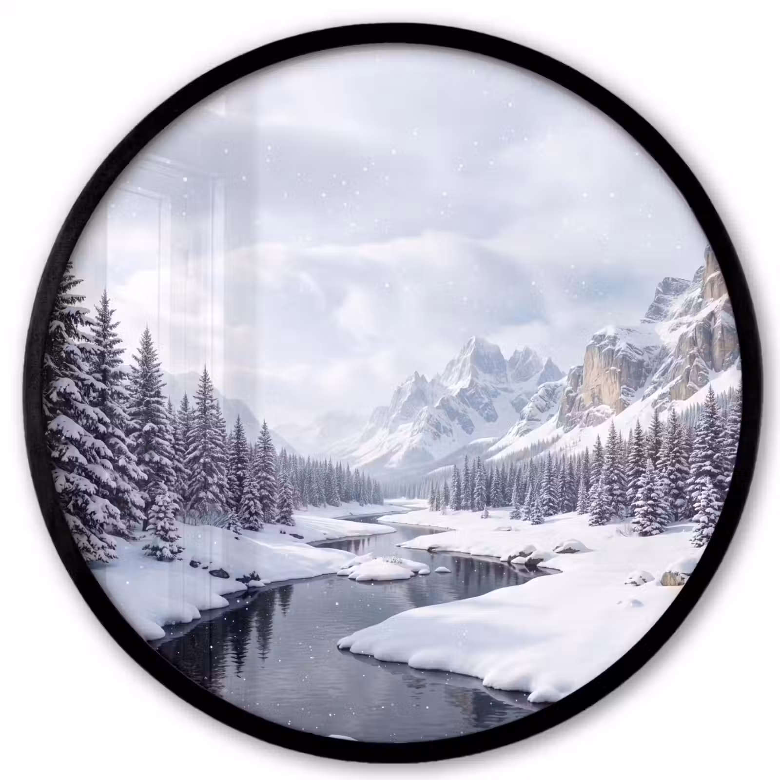 Ronde fotolijst - Sneeuwlandschap - Bergen - Rivier - Winter — 1