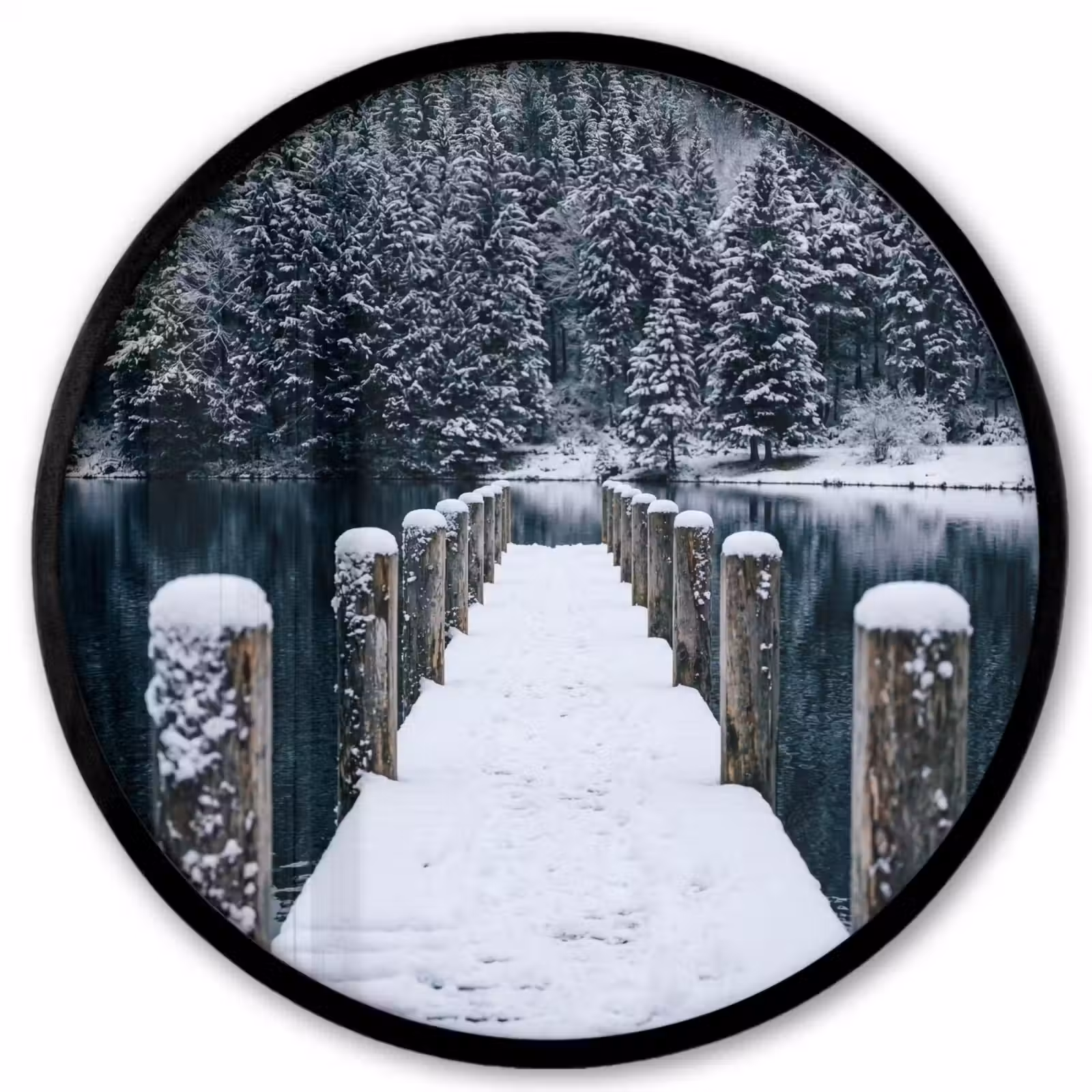 Ronde fotolijst - Steiger - Meer - Sneeuw - Bergen - Rustgevend — 1