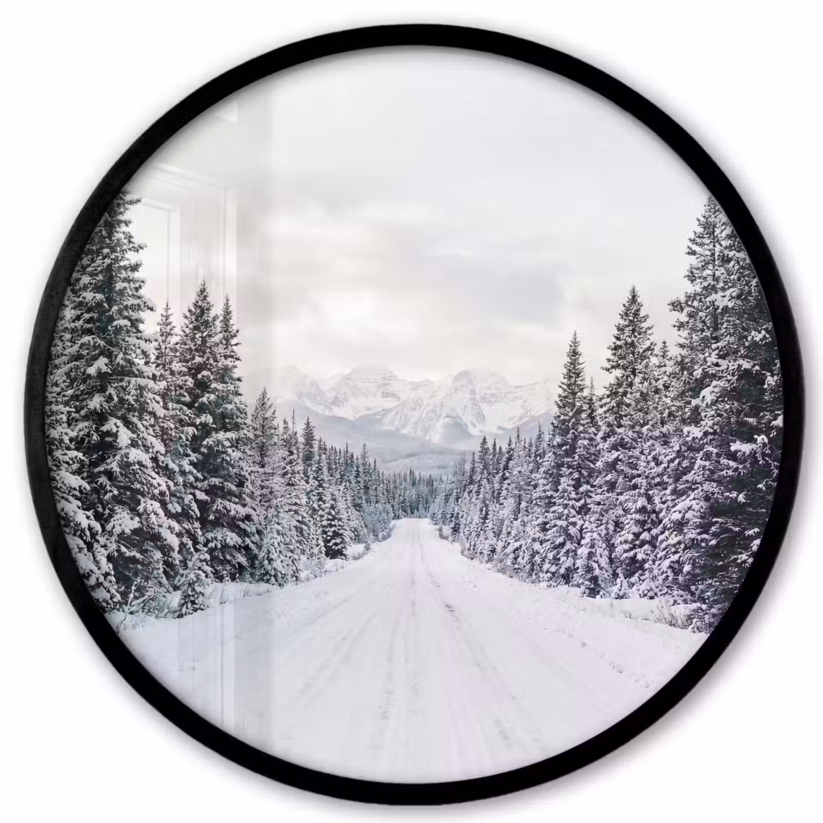 Ronde fotolijst - Weg - Sneeuw - Naaldbos - Winter - Avontuurlijk — 1
