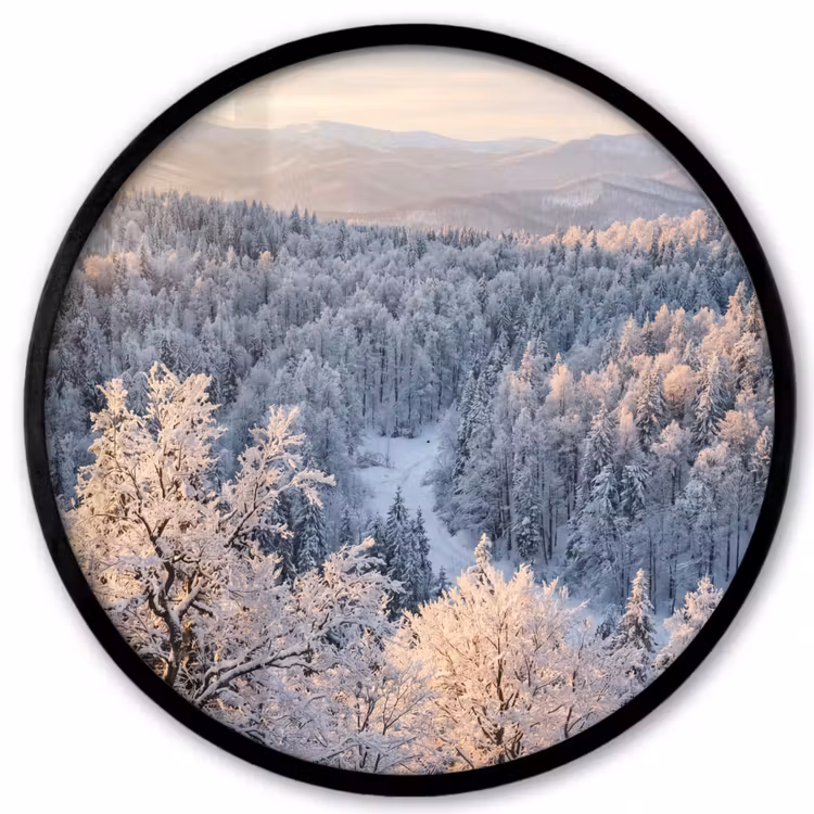 Ronde fotolijst - Bos - Bergen - Goud - Winter - Warm — 1