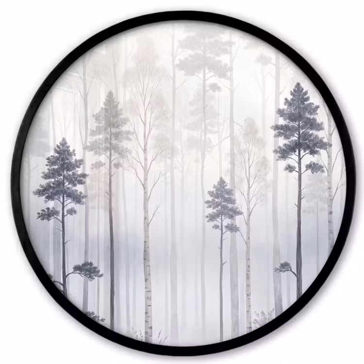 Ronde fotolijst - Bos - Bomen - Mist - Natuur - Illustratie - Grijs — 1