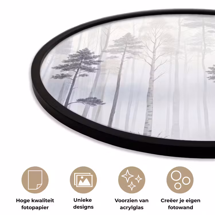 Ronde fotolijst - Bos - Bomen - Mist - Natuur - Illustratie - Grijs — 2