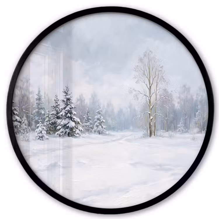 Ronde fotolijst - Bospad - Dennen - Sneeuw - Winter - Rustgevend — 1