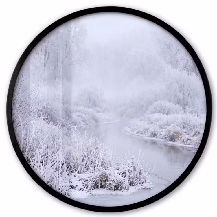 Ronde fotolijst - Rivier - Sneeuw - Bos - Winter - Schilderachtig — 1