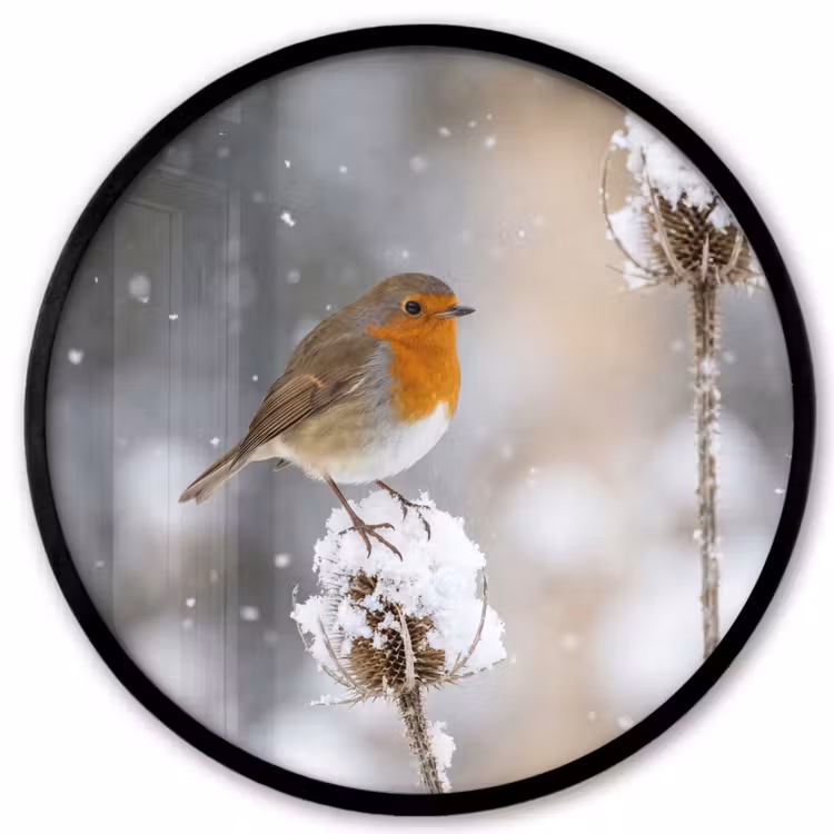 Ronde fotolijst - Roodborstje - Gedroogde bloem - Sneeuw - Winter - Vertederend — 1