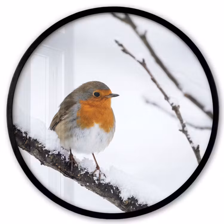 Ronde fotolijst - Roodborstje - Tak - Sneeuw - Winter - Levendig — 1