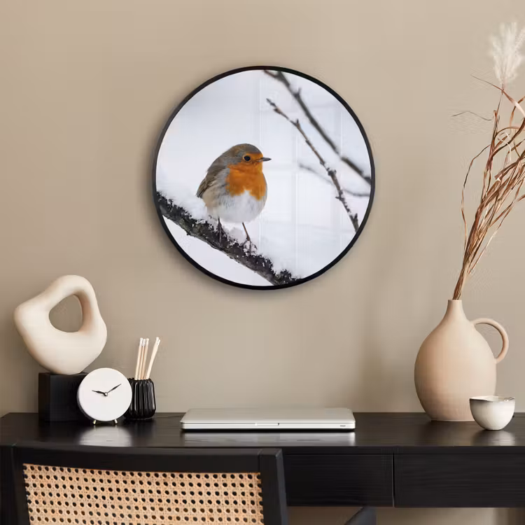 Ronde fotolijst - Roodborstje - Tak - Sneeuw - Winter - Levendig — 3