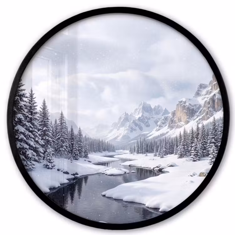 Ronde fotolijst - Sneeuwlandschap - Bergen - Rivier - Winter — 1