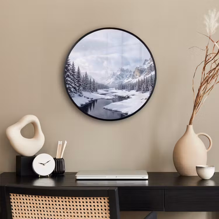 Ronde fotolijst - Sneeuwlandschap - Bergen - Rivier - Winter — 3