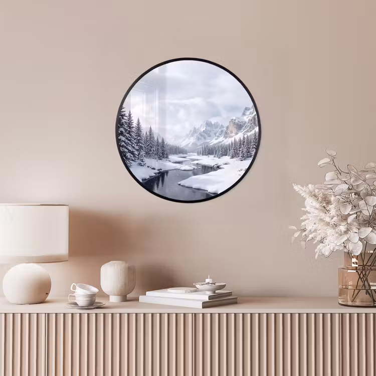 Ronde fotolijst - Sneeuwlandschap - Bergen - Rivier - Winter — 5