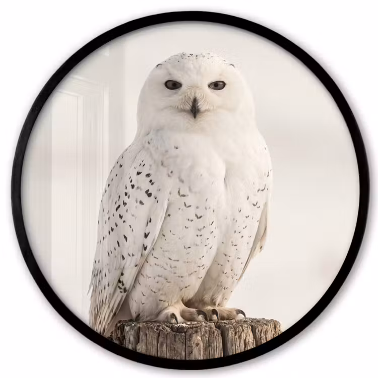 Ronde fotolijst - Sneeuwuil - Paal - Winter - Portret - Majestueus — 1