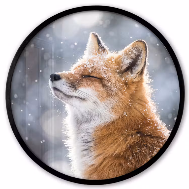 Ronde fotolijst - Vos - Sneeuwval - Portret - Winter - Sfeervol — 1