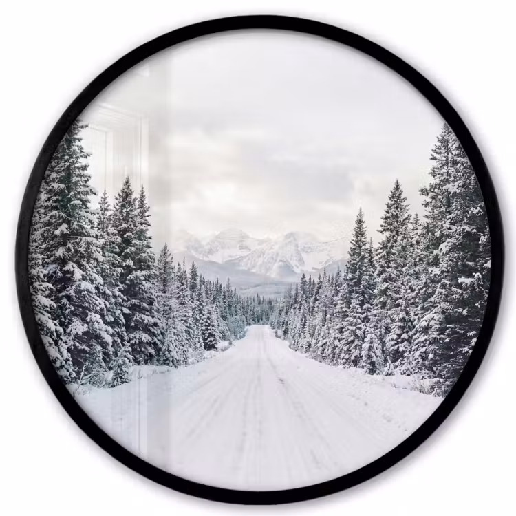 Ronde fotolijst - Weg - Sneeuw - Naaldbos - Winter - Avontuurlijk — 1