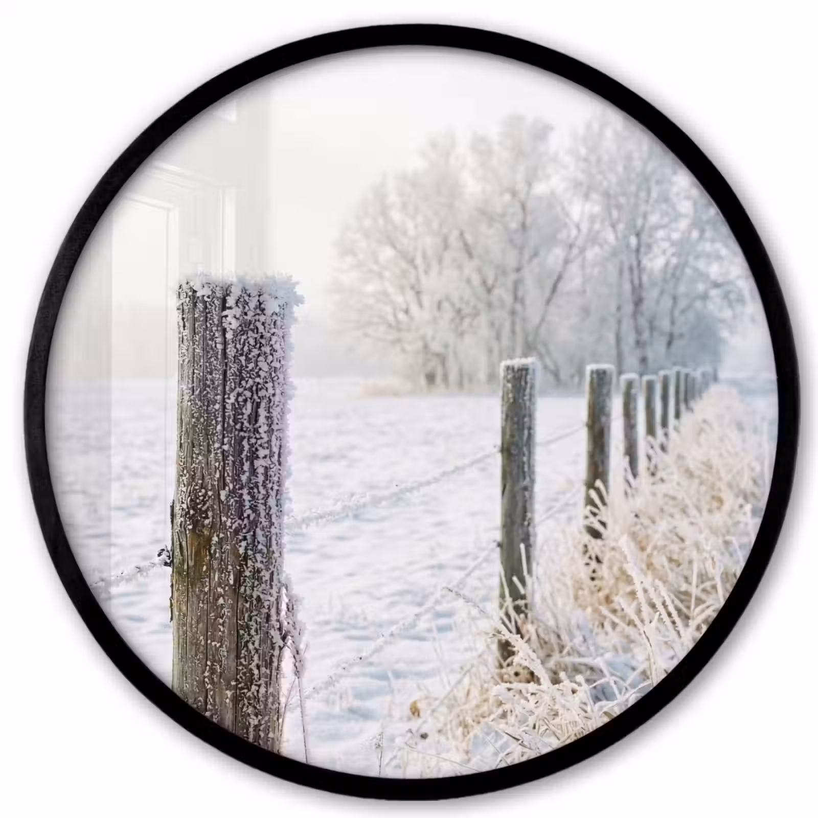 Ronde fotolijst - Hek - Sneeuw - Mist - Platteland - Nostalgisch — 1