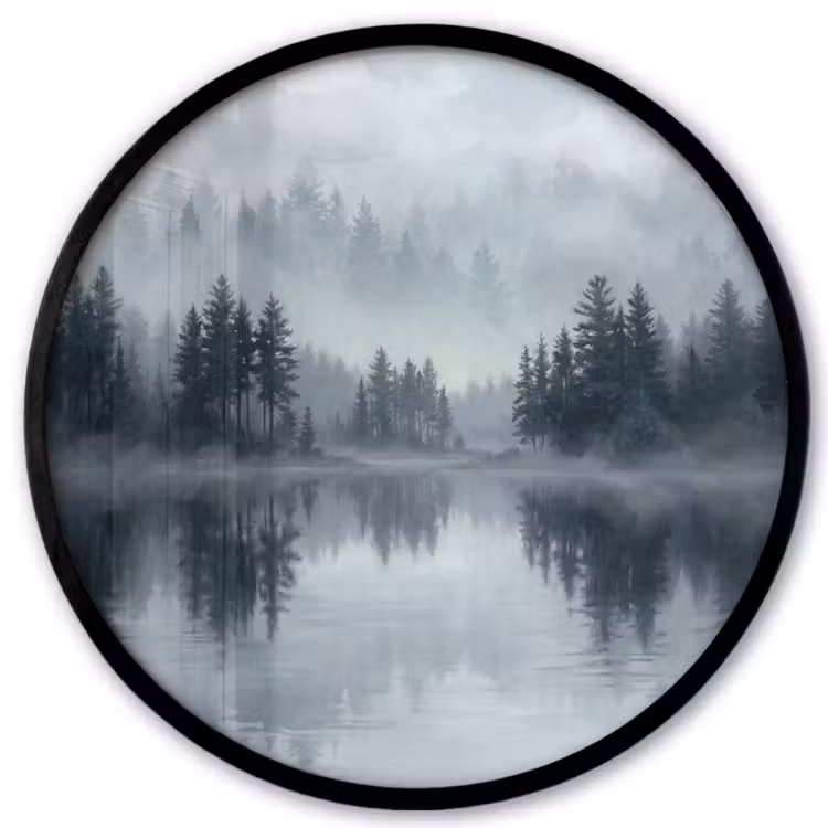 Ronde fotolijst - Bos - Meer - Mist - Natuur - Grijs — 1