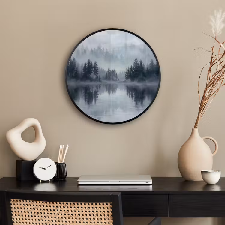 Ronde fotolijst - Bos - Meer - Mist - Natuur - Grijs — 3