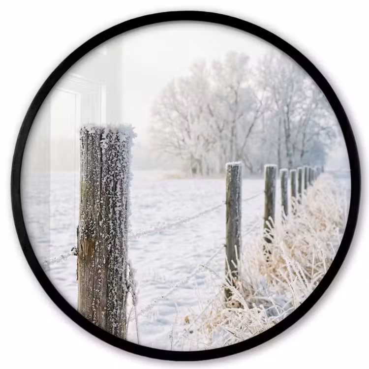Ronde fotolijst - Hek - Sneeuw - Mist - Platteland - Nostalgisch — 1
