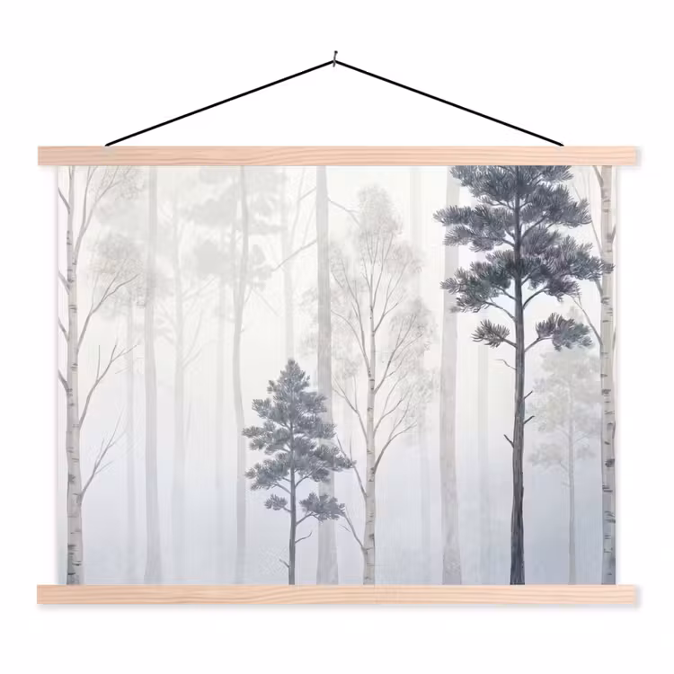 Schoolplaat - Bos - Bomen - Mist - Natuur - Illustratie - Grijs — 1